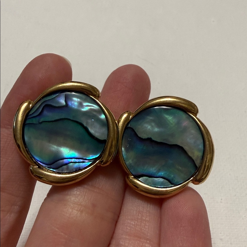 Gold-Frame Abalone Shell Stud Clip on Earrings - Picture 4 of 14